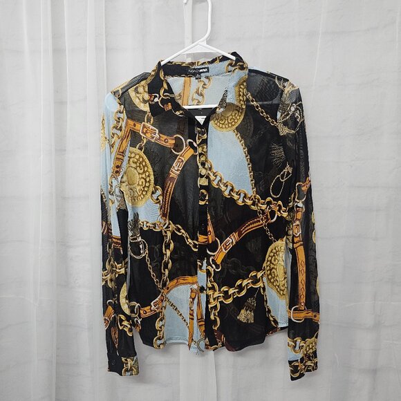 Black Gold Mesh Sheer Button Blouse Equestrian Club Party XL NWT - Picture 7 of 12